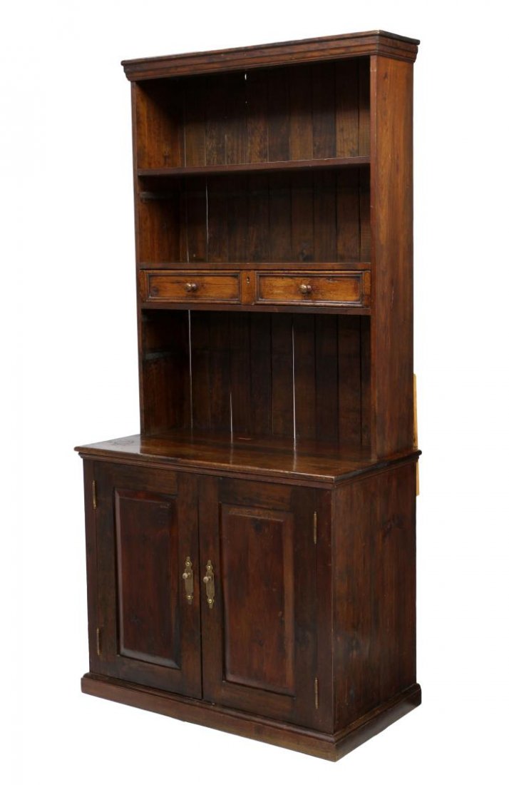 MEXICO PINE CUPBOARD: Pine cupboard, Mexico, 20th c., a stepped cornice over two shelves and two drawers, the lower cabinet with work surface and two drawers, 79.5"h, 38"w, 20.5"d Start Price: $100.00
