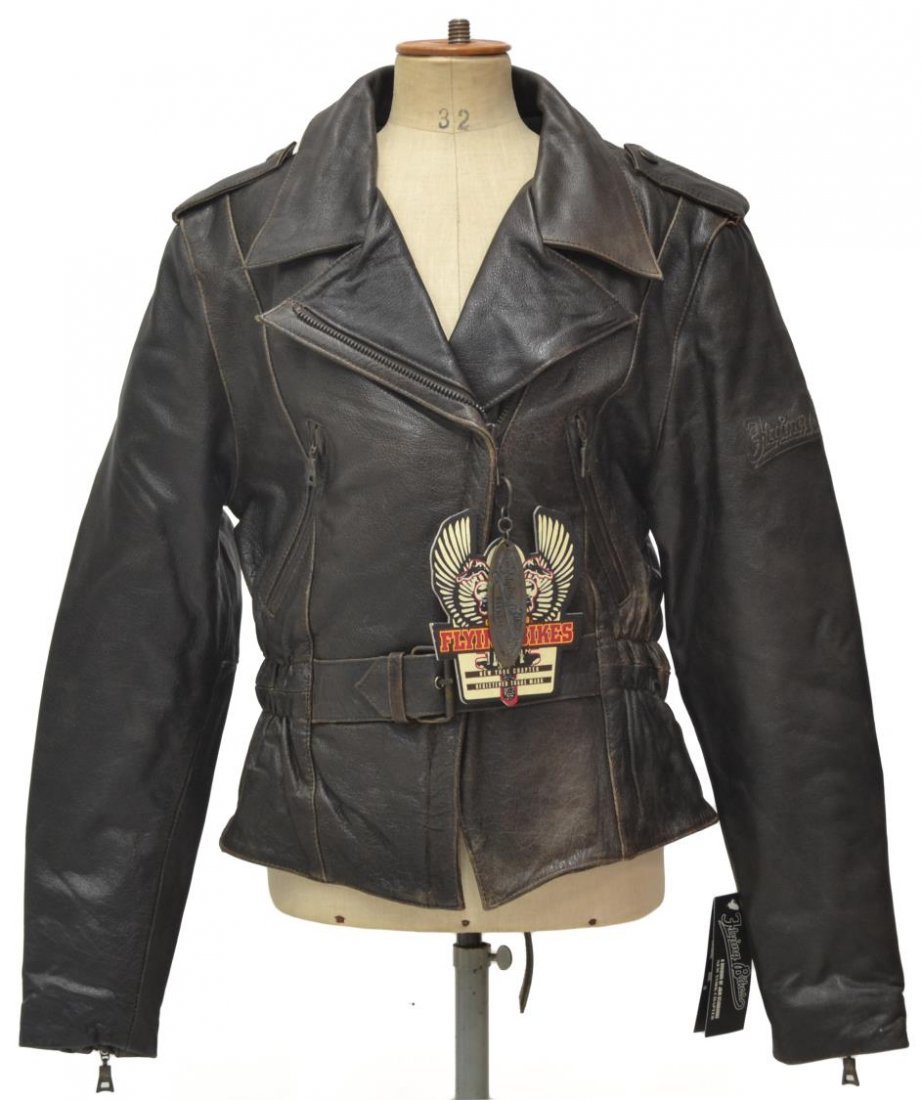 LADIES 'OAKWOOD FLYING BIKES' LEATHER JACKET: Ladies Oakwood Flying Bikes brown leather jacket, with belted waist, thermal liner, size M, retaining original tags, approx 24.25"l, shoulder to shoulder: 19"w, 4.25lbs Start Price: $50.00
