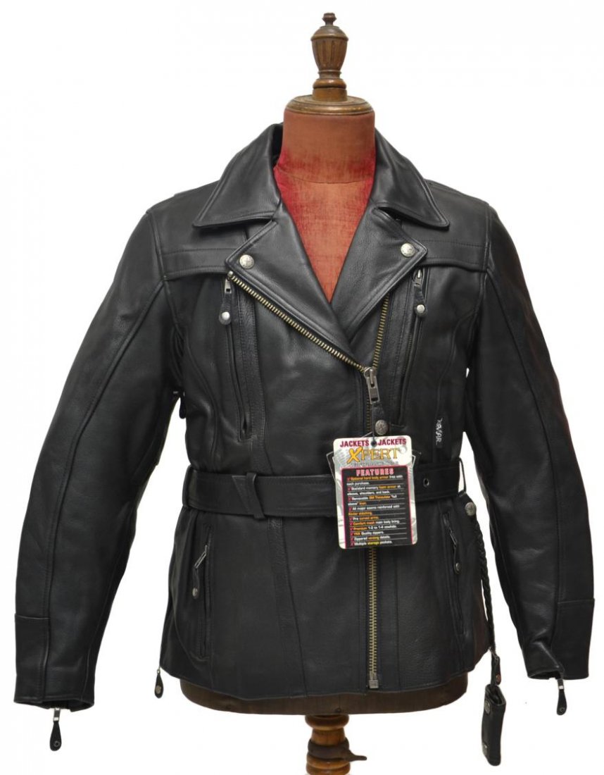 LADIES 'XPERT PERFORMANCE GEAR' LEATHER JACKET: Ladies Xpert Performance Gear black leather jacket, with belted waist having hanging pouch, reinforced with Kevlar stitching, removable thermal liner, size M, approx 27.5"l, shoulder to shoulder: 21"w