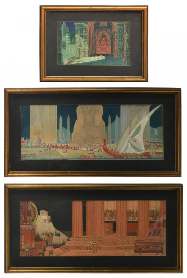 (3) PAINTINGS: KINDRED McLEARY (TEXAS, 1901-1949): (lot of 3) Framed watercolor painting on paper, Scenes of Ancient Egypt, each signed and date lined at upper right Kindred McLeary, 1923, Rome (Texas, 1901-1949): (1) sight: 9.5"h, 25"w, overall: 15.5