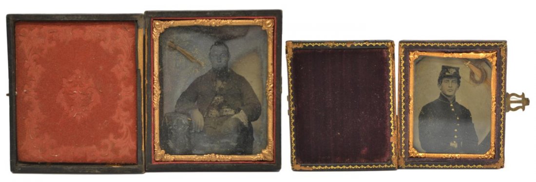 (2) CIVIL WAR SOLDIER AMBROTYPE & DAGUERREOTYPE: (lot of 2) An Ambrotype of a uniformed Civil War soldier with lock of hair, case no longer hinged together with (1) Daguerreotype of a seated male figure, case no longer hinged, largest case: 3.5"h, 3