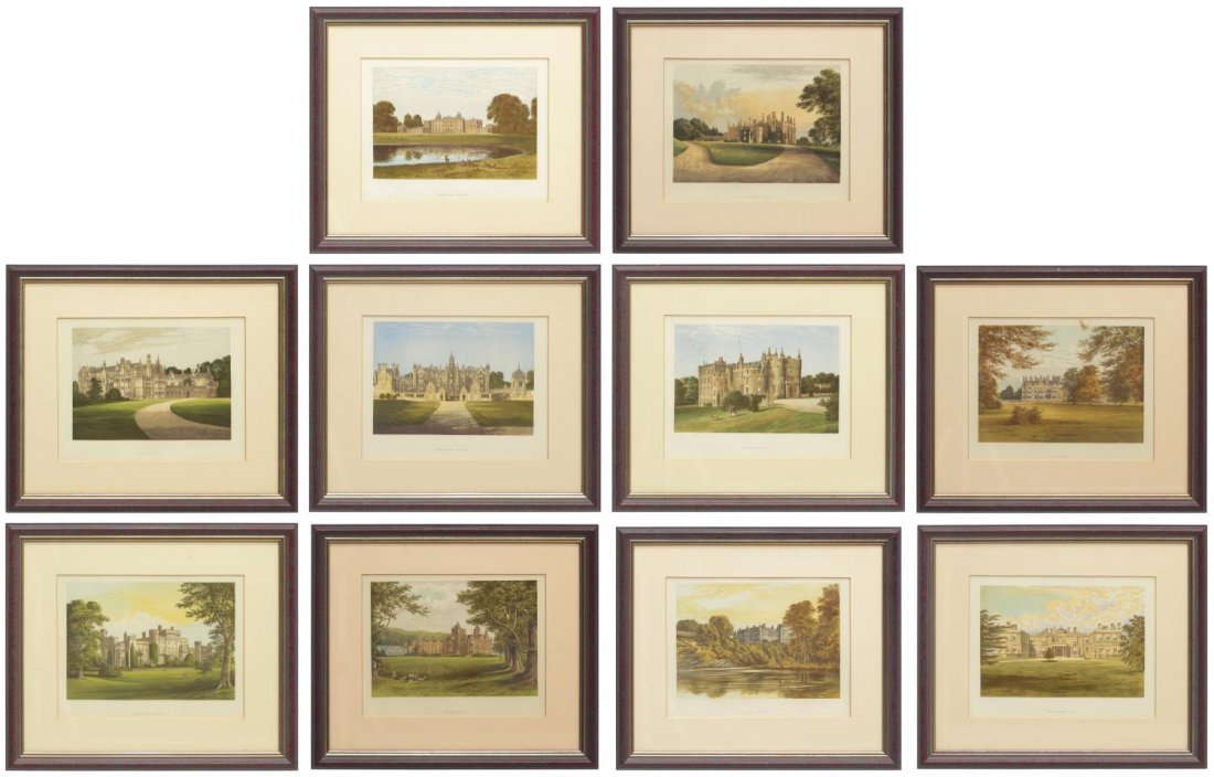 (10)FRAMED PRINTS, HOMES OF NOBLEMEN GREAT BRITAIN: (lot of 10) Framed, matted color plates taken from various volumes of "County Seats of the Noblemen and Gentlemen of Great Britain and Ireland" edited by F.O. Morris, published by William Mackenzie, L