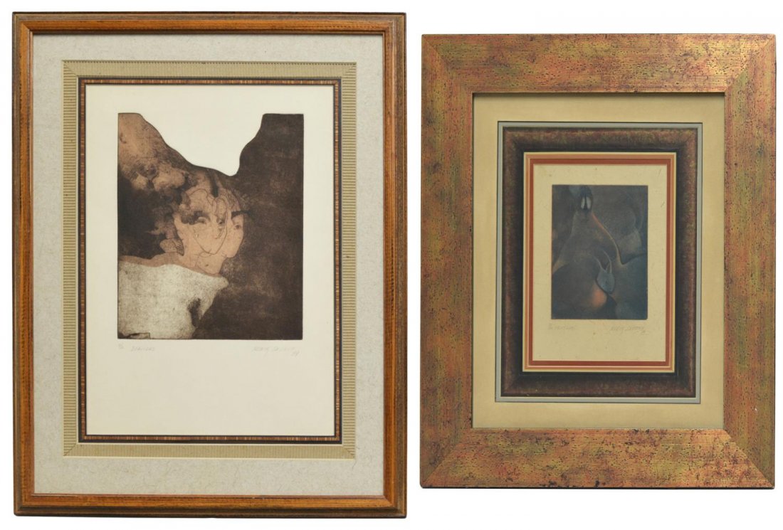 (2) ARTIST PROOFS, NUNIK SUARET, MEXCIO B. 1951: (lot of 2) Framed colored prints on paper, by Nunik Sauret (Mexico, b. 1951), comprising: (1) "Dualidad", pencil signed and dated lower right Nunik Sauret 84, artist proof, sight: 14.75"h, 10.5"w, ove
