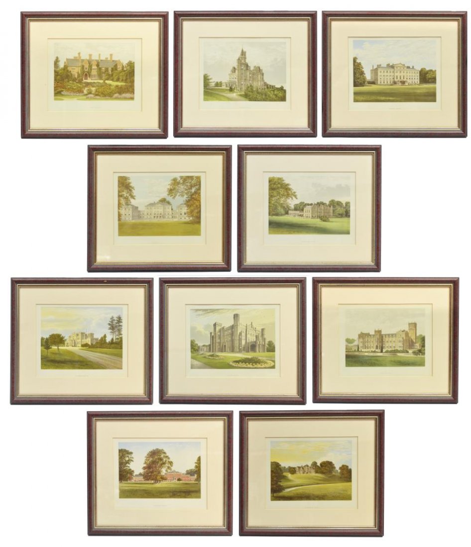 (10)FRAMED PRINTS, HOMES OF NOBLEMEN GREAT BRITAIN: (lot of 10) Framed, matted color plates taken from various volumes of "County Seats of the Noblemen and Gentlemen of Great Britain and Ireland" edited by F.O. Morris, published by William Mackenzie, L