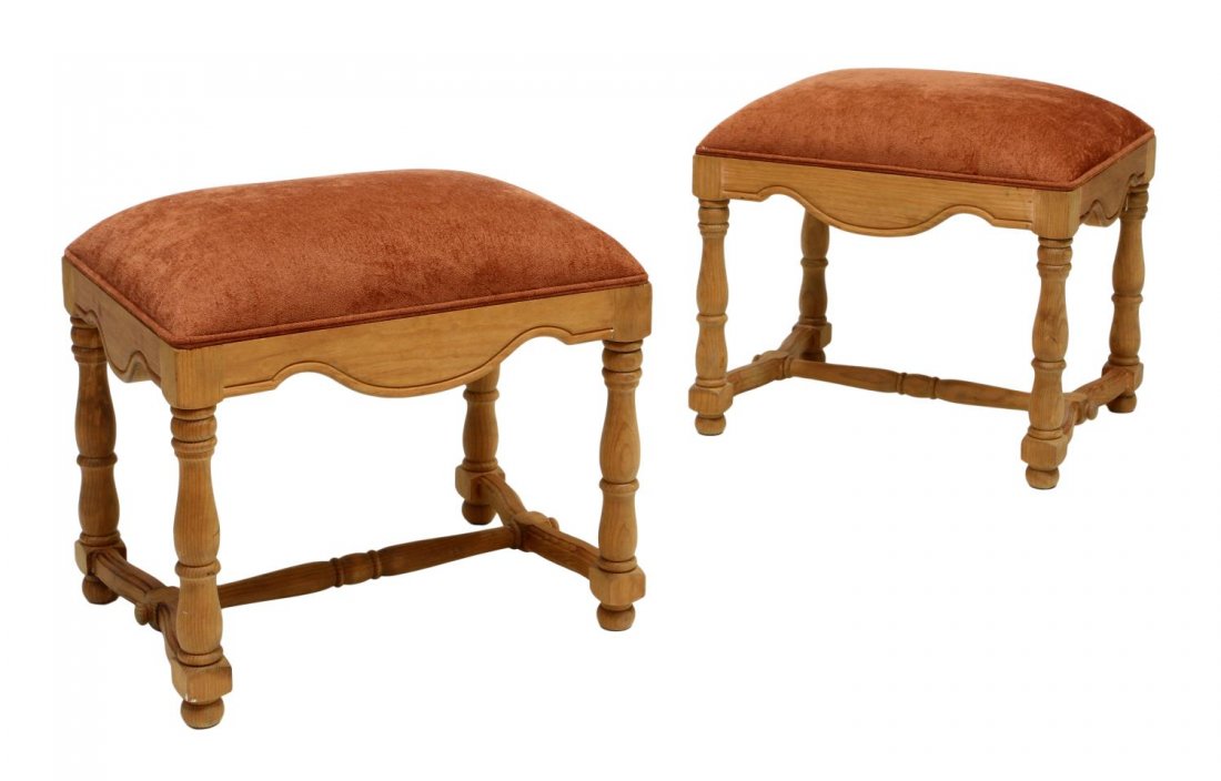 (PAIR) PINE FRAMED STOOLS: (pair) Pine framed stools with reddish brown upholstery on turned legs with bun feet, 20"h, 22"w, 16.5"d Start Price: $80.00