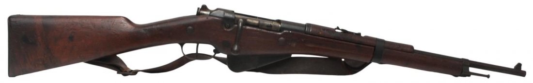 FRENCH BERTHIER MODEL 1916 CARBINE, 8MM: French Berthier-Mannlicher carbine, Model 1916, bolt action, 8MM Lebel caliber, 17.7" barrel, bayonet lug, adjustable rear sight, four matching serial numbers including one on stock, leather sling app