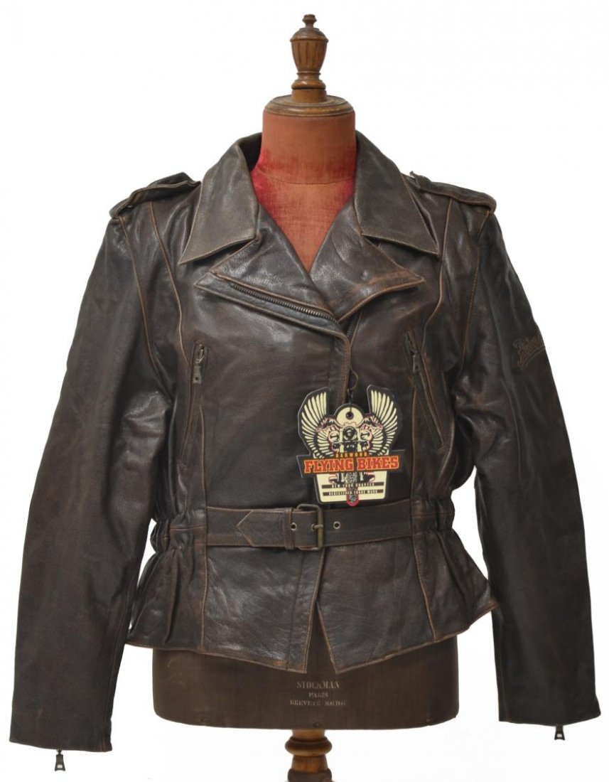 LADIES 'OAKWOOD FLYING BIKES' LEATHER JACKET: Ladies Oakwood Flying Bikes brown leather jacket, with belted waist, thermal liner, size XXL, retaining original tags, approx 26"l, shoulder to shoulder: 21"w, 5.5lbs Start Price: $50.00