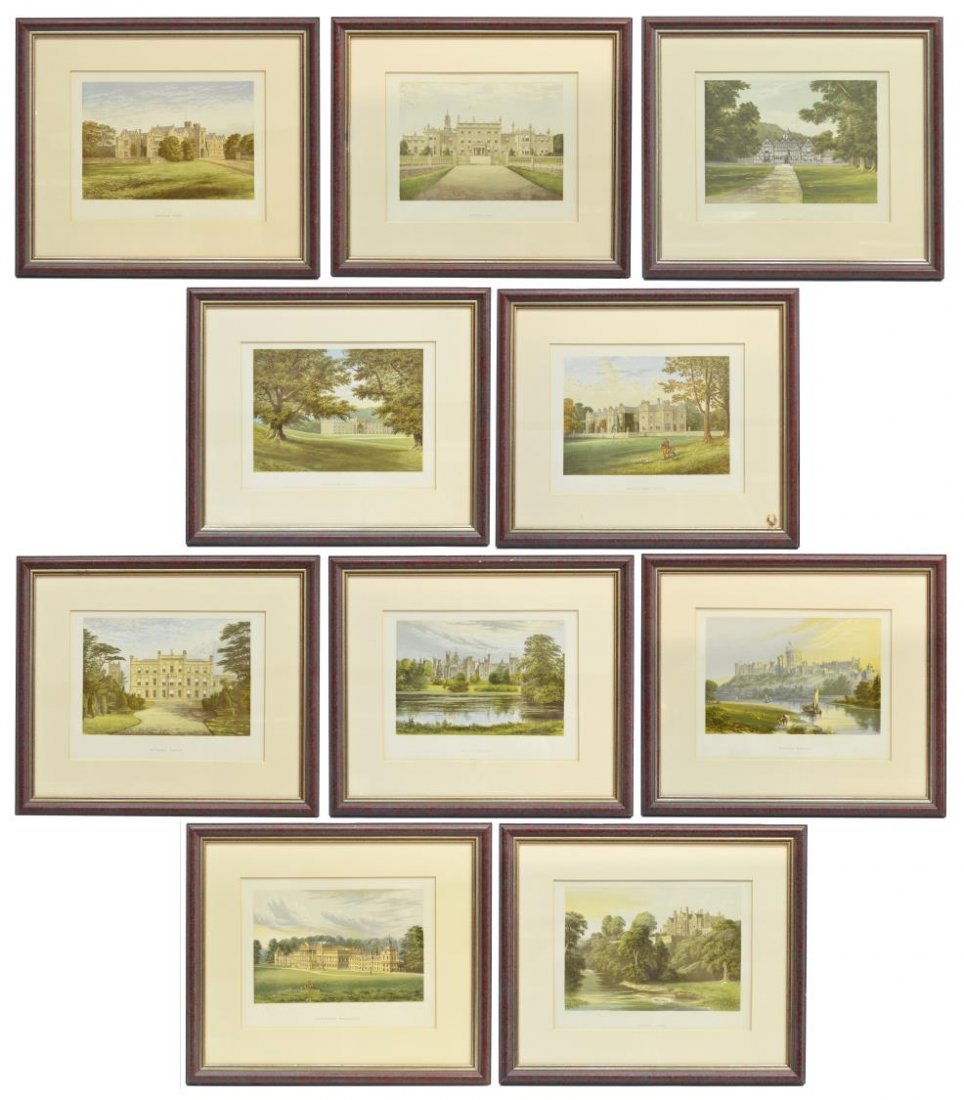 (10)FRAMED PRINTS, HOMES OF NOBLEMEN GREAT BRITAIN: (lot of 10) Framed, matted color plates taken from various volumes of "County Seats of the Noblemen and Gentlemen of Great Britain and Ireland" edited by F.O. Morris, published by William Mackenzie, L