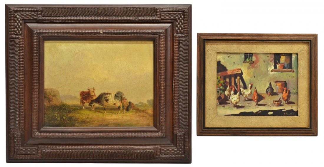 (2) PAINTINGS, COWS, JOSE M. CABALLERO-BARNARD: (lot of 2) Framed art, comprising: (1) painting on board, Pastoral Scene with Cows, signed verso Jose M. Caballero-Barnard (Jose Manuel Caballero Xalapa Barnard, Mexico, 20th/21st c.), text verso read