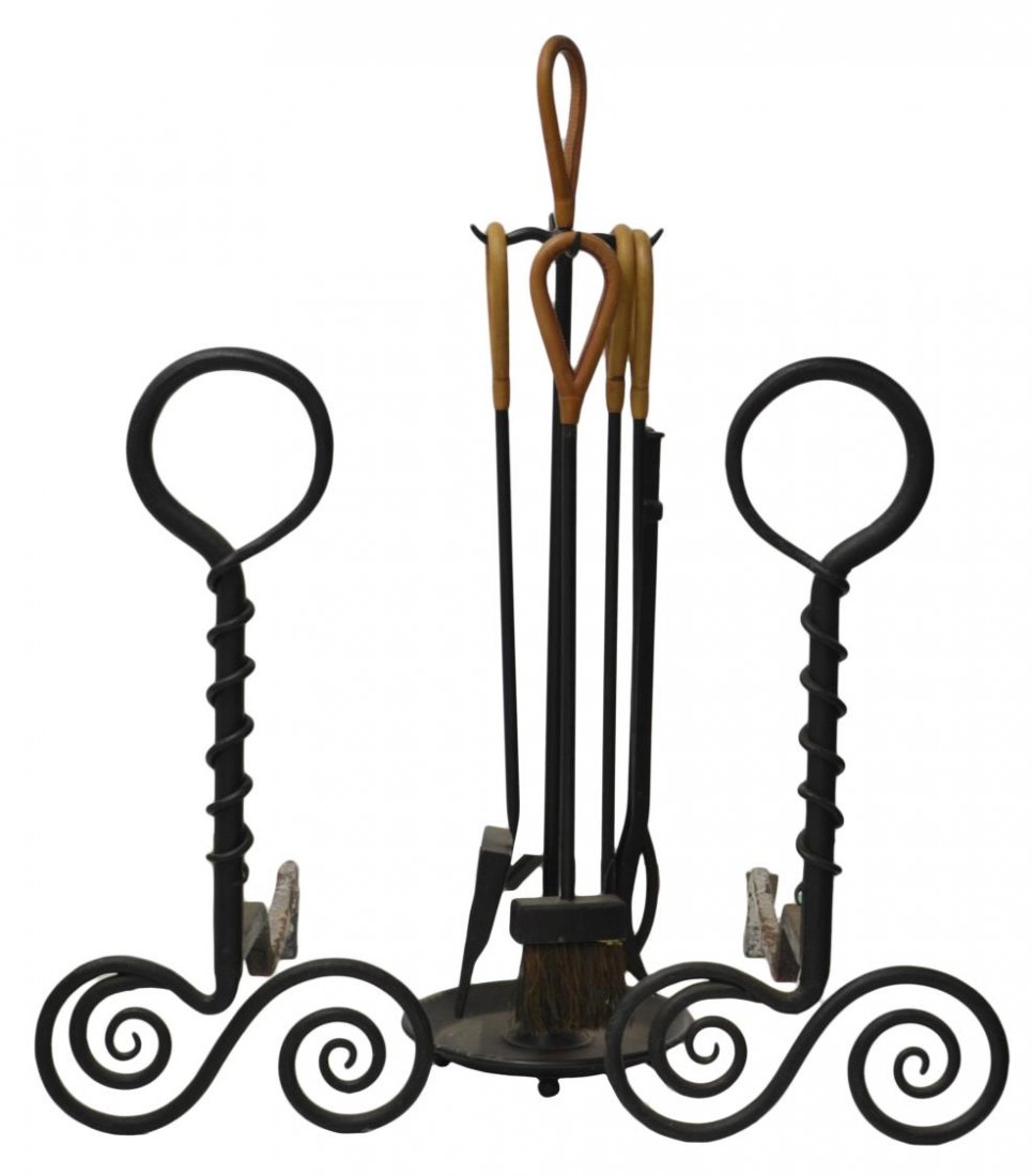 (7) BLACK IRON ANDIRONS & FIREPLACE SET: (lot of 7) Group of iron fireplace items, comprising: (pair) andirons, central standard with twist detail raised on scrolled feet, 26.5"h, 13.5"w, 23.25"d; (5) fireplace set including poker, shovel, l