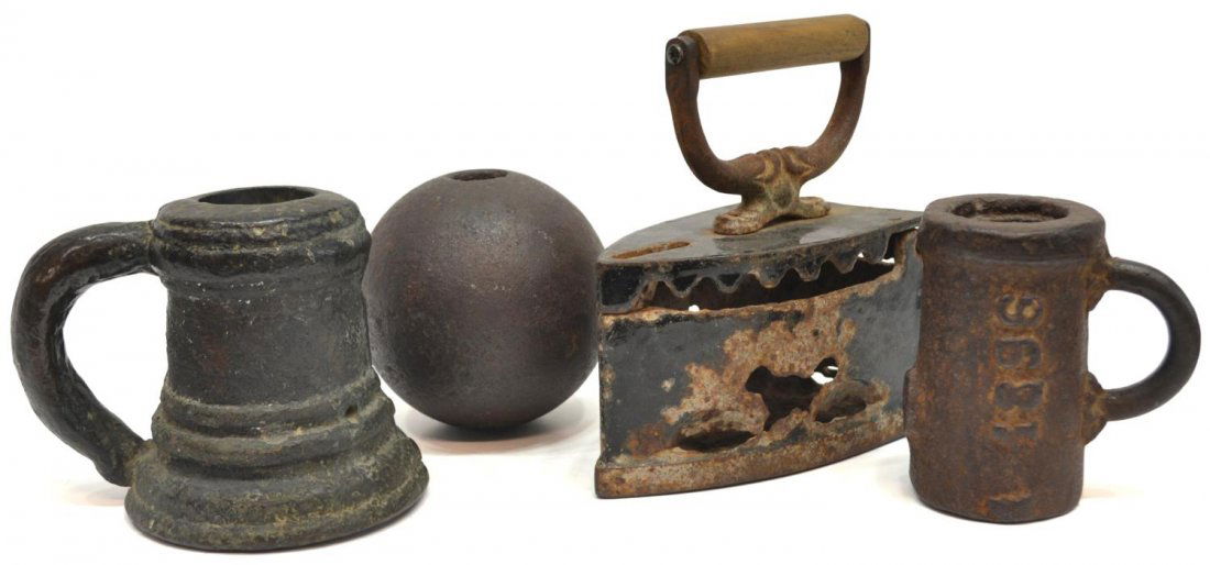 (4) ANTIQUE CANNON BALL, BRONZE THUNDER MUG, IRON: (lot of 4) Antique bronze and iron collectibles, comprising: (1) bronze handled thunder mug, engraved initials G.R., 5.5"h; (1) iron pipe fitting, now with handle, threaded interior, embossed 1896, 4.
