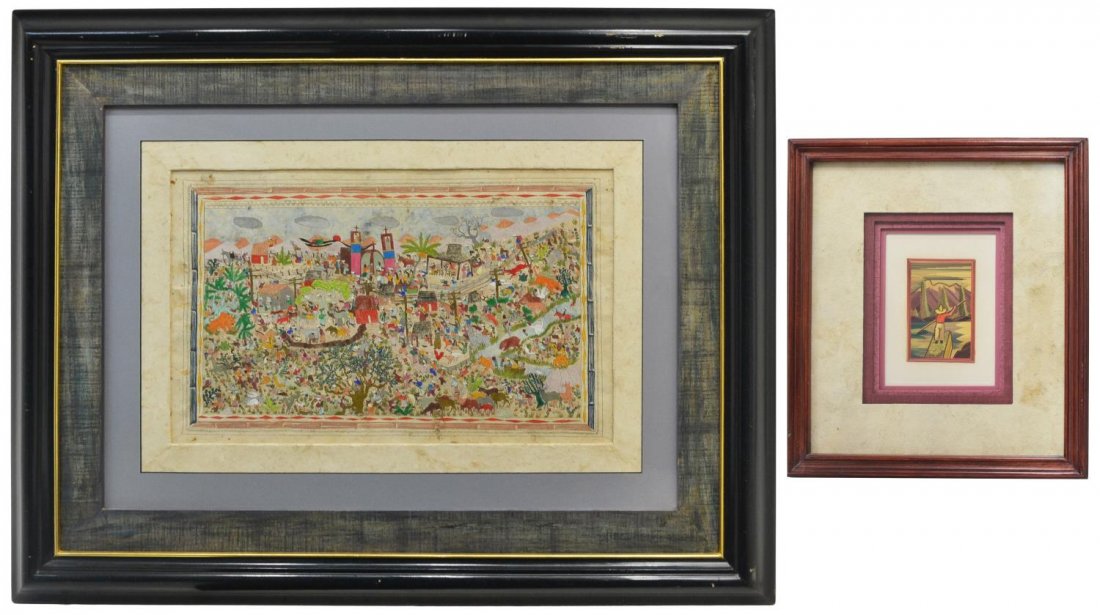 VINTAGE FOLK ART PAINTING & STRAW MOSAIC, MEXICO: (lot of 2) Framed Mexican folk art, comprising: (1) vibrant painting on bark, a bustling village scene with various animals and people, sight: 13.25"h 21.25"w, overall: 29"h, 36.75"w; (1) "Popotillo"