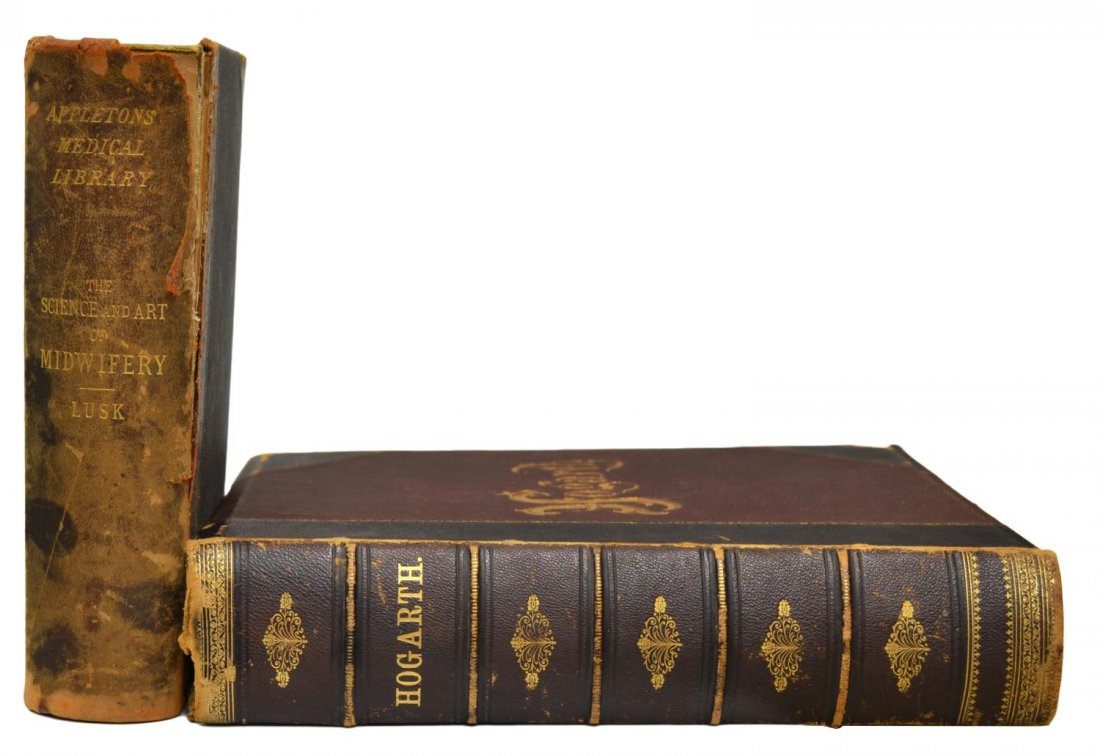 BOOKS: WILLIAM HOGARTH WORKS & MIDWIFERY SCIENCE: (lot of 2) Quarter leather bound hardback books, comprising: (1) James Hannay, Rev. J. Trusler, and E.F. Roberts, "The Complete Works of William Hogarth: in a Series of One Hundred and Fifty Steel Eng