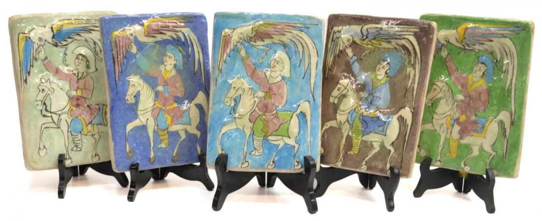 (5) COLLECTION GLAZED CERAMIC TILES: (lot of 5) Glazed ceramic tiles, centered by man on horseback reaching out to bird, various colors, one retaining stickers, overall with crazing, one with fracture, approx 8.25"h, 5.5"w, .75"d, 8.25lb