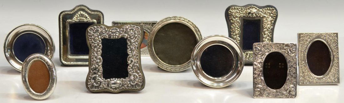 (10)VINTAGE MEXICO STERLING MINIATURE PHOTO FRAMES: (lot of 10) Vintage and antique silver miniature photo frames, Mexico: (8) bearing the 925 or sterling mark including (2) of circular form, (1) with beaded border and shell crest, (2) similar repousse