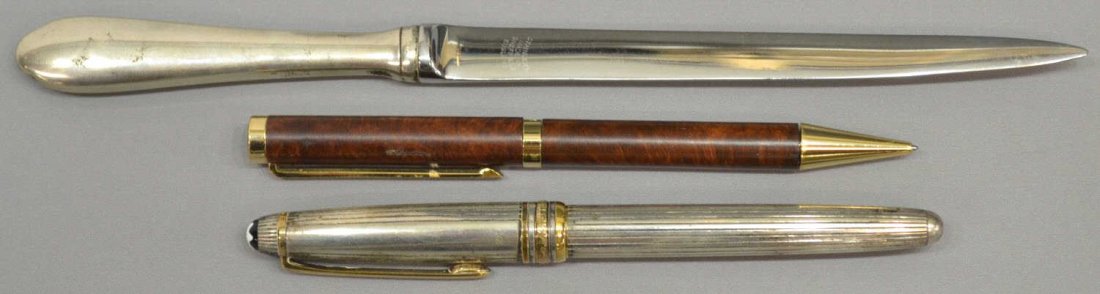 (3) SCARCE MONTBLANC MEISTERSTUCK STERLING PEN LOT: (lot of 3) Desk items: (1) Scarce Montblanc, Meisterstuck, Metal 2, Germany, pinstripe ballpoint pen executed in sterling silver with gilt accents, classic star on top, 5.5"l; Sheffield letter opener 
