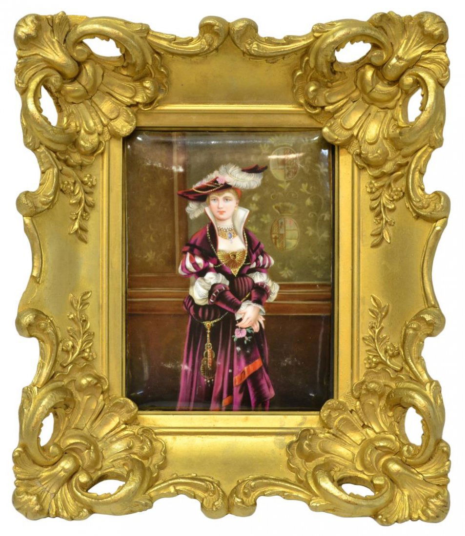 CONTINENTAL PORCELAIN PLAQUE, PORTRAIT OF A LADY: Continental hand painted porcelain plaque, Portrait of a Lady, elaborate purple dress with detailed beading and hat with feathers, impressed 102 verso, set in a pierced and carved giltwood frame, some