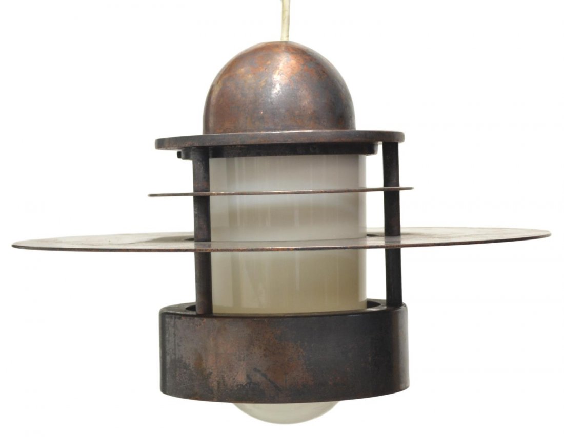 DANISH MODERN ALBERTSLUND PENDANT LAMP: Orbiter or Albertslund pendant lamp, 1963 design by Jens M°ller-Jensen (Denmark, 20th/21st c.), for Louis Poulsen Lighting, copper finish, 13.5"h, 19"d Start Price: $100.00
