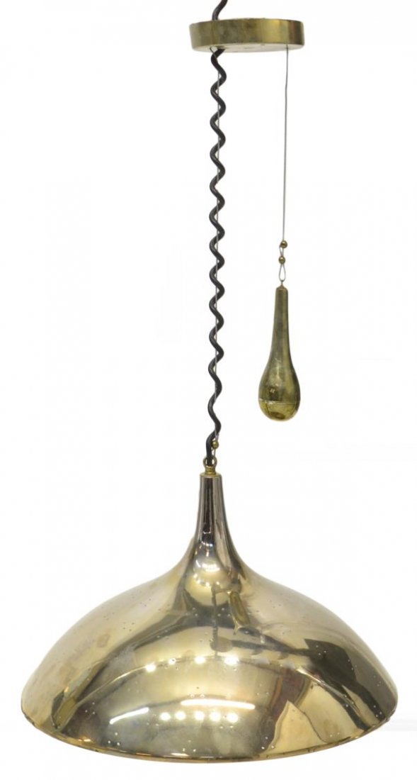 MID-CENTURY COUNTER BALANCE LAMP, AFTER P. TYNELL: Mid-century modern counter balanced lamp, after Paavo Tynell (Finland, 1890 - 1973), pierced gilt metal shade enclosing three lights, approx 10.75"h, 18"diam, 6.5lbs Start Price: $100.00
