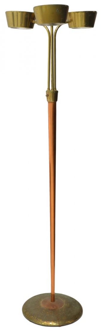 MID-CENTURY MODERN THREE-LIGHT FLOOR LAMP: Mid-century modern brass and copper finish floor lamp, possibly Paavo Tynell (Finland, 1890 - 1973), three lights raised on a tapered standard set in a circular base, wear due to age, 64"h Start Price