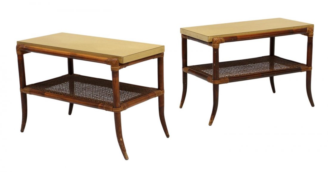 (PAIR) END TABLES ATTRIBUTEDD TO TOMMI PARZINGER: (pair) End tables attributed to Tommi Parzinger (Tommi Anton Parzinter, Germany, American, 1903-1981), each with a laminated top between faux bamboo supports terminating in out swept tapered legs join