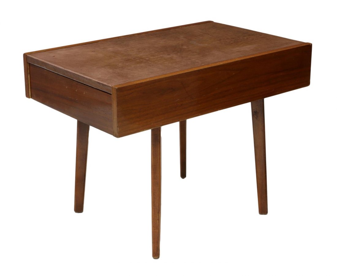 MID-CENTURY MODERN TABLE, GEORGE NELSON, MILLER: Leather top end table, design by George Nelson for Herman Miller, rectangular with a single drawer, rising on angled tapered square legs, several impressions in top, 22"h, 30"w 19"d Start Price: $50.0