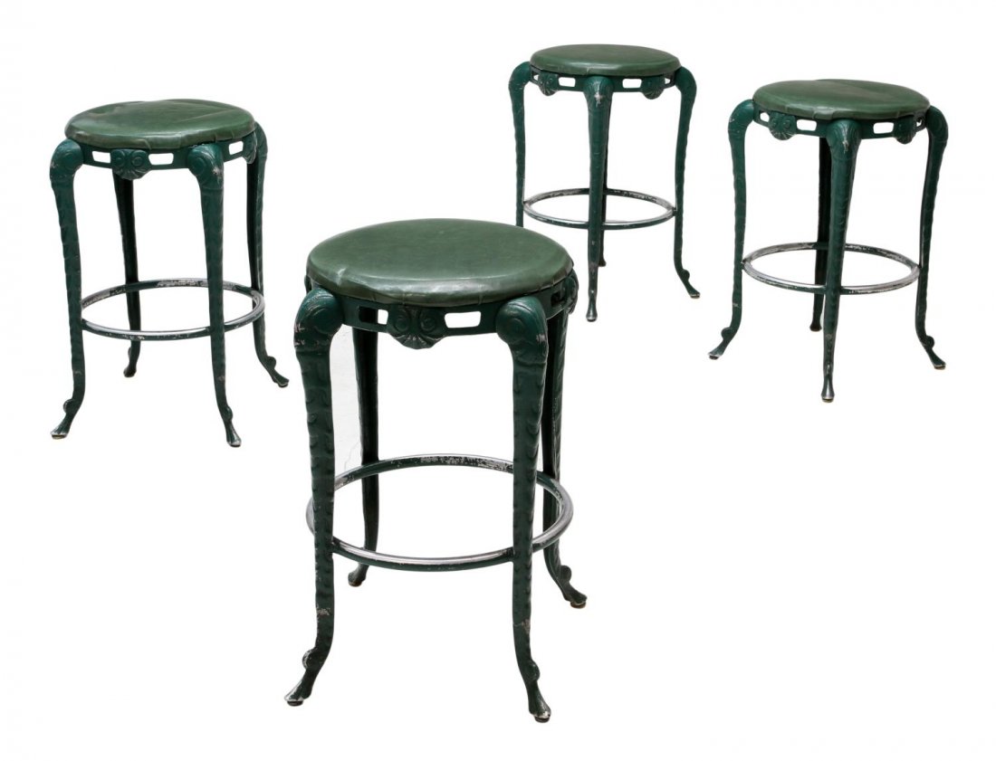 (4) ALUMINUM FRAMED BAR STOOLS: (lot of 4) Aluminum frame bar stools with green vinyl seats, 28"h, 21.5"d **Provenance: "Mesquite Charlie's" restaurant, 1986-2012, Pensacola, Florida** Start Price: $60.00