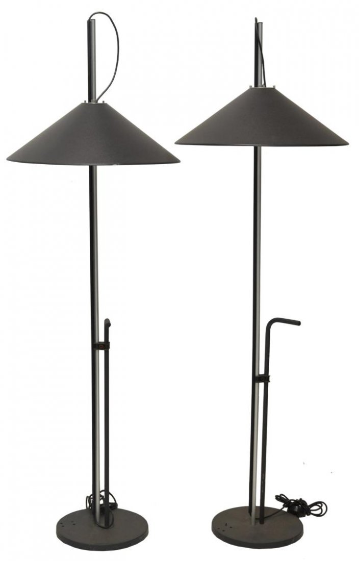 (2) ITALIAN MODERN AGGREGATO FLOOR LAMPS ENZO MARI: (pair) Aggregato floor lamps, design by Enzo Mari (Italian, b. 1932) and and Giancarlo Fassina (Italian, b. 1935), for Artemide Lighting, the 21"d adjustable height shade supported by an aluminum and 