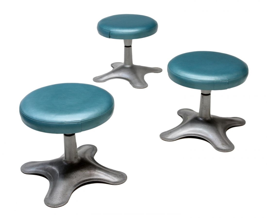 (3) MID-CENTURY MODERN COUNTER STOOLS, TAPIOVAARA: (lot of 3) Mid-century modern aluminum base rotating stools, design attributed to Ilmari Tapiovaara (Finland, 1914-1999), later upholstery, 17"h, 18"w, 18"d Start Price: $100.00