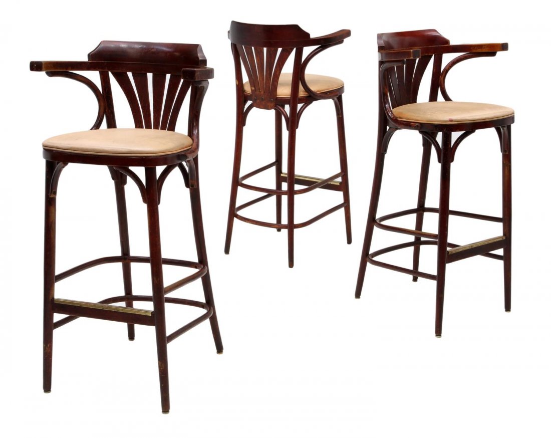 (3) VINTAGE SHELBY WILLIAMS BAR STOOLS: (lot of 3) Bar stools by Shelby Williams Industries, barrel back, the arms with bentwood supports, straight stretcher joined legs, 40"h, 21.25"w, 16"d **Provenance: "Mesquite Charlie's" restaurant, 19