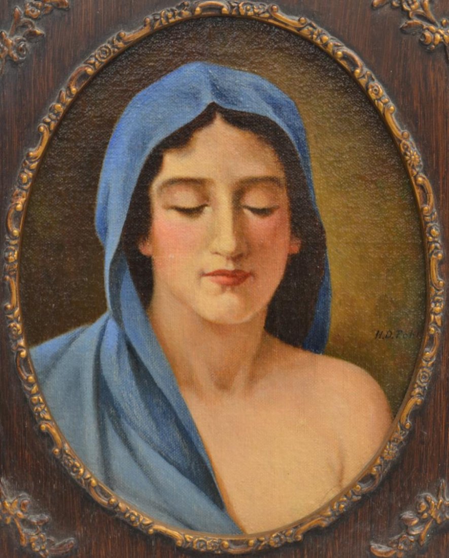 PAINTING: HUGO DAVID POHL (TEXAS, 1878-1960): Framed oil painting on canvas board, Portrait of a Woman in Blue, signed right center H.D. Pohl (Hugo David Pohl, Texas, California, 1878-1960), sight: 9.5"h, 7.5"w, overall: 15"h, 12.75"w, 2.25lbs St