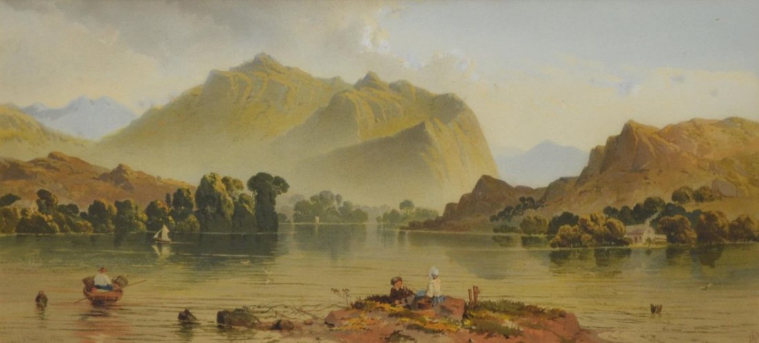 WATERCOLOR, WATERSIDE PICNIC, EDWIN A. PENLEY: Framed watercolor on artist board, Picnic by the Water, signed and dated lower left Edwin A Penley, 1864 (Edwin Aaron Penley, English, 1826-1893), monogram lower right, sight: 8.75"h, 19.25"w, overall