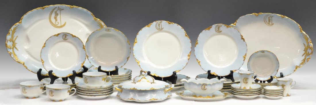 (48) HAVILAND LIMOGES PARCEL GILT DINNER SERVICE: (set of 48) Haviland Limoges dinner set, wide borders of baby blue having gilt decoration and trim on a white ground, comprising: (3) lunch plates, 9.75"diam; (5) salad plates, 8.5"diam; (5) bread and