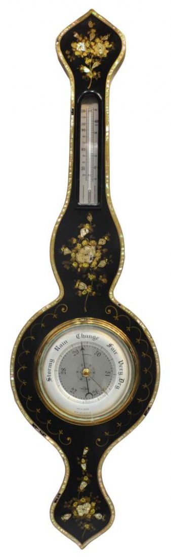 ENGLISH BLACK LACQUER & MOP INLAID BAROMETER: Shortland Smiths black lacquer and inlaid barometer and thermometer, England, the banjo-shaped case decorated with gilt floral sprays having mother-of-pearl inlay accents and trim, some loss, 36.5"h, 