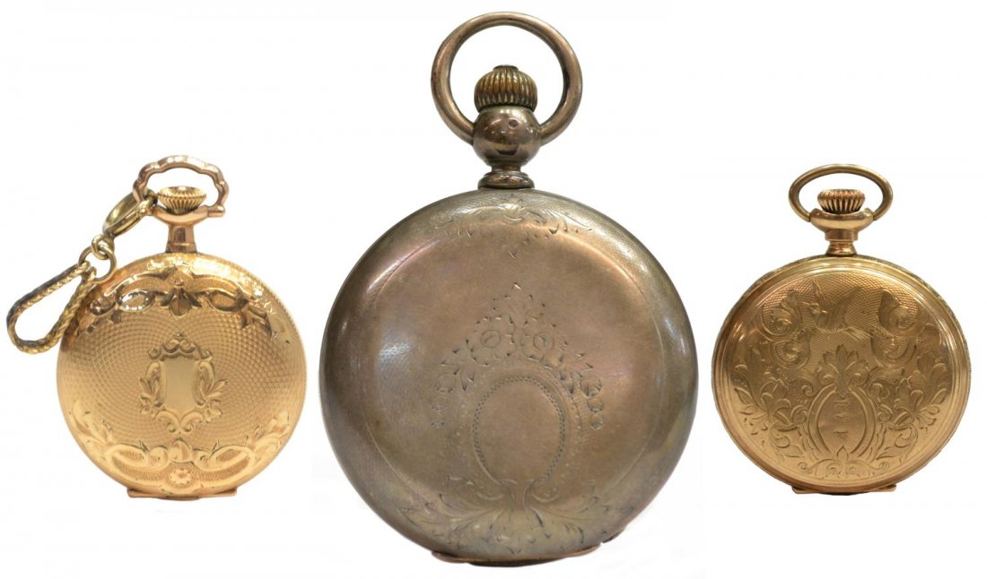(3)WALTHAM COIN SILVER & LADIES POCKET WATCH GROUP: (lot of 2) American pocket watches: (1) large A W Co. Waltham pocket watch, coin silver Dueber case, c. 1881 / 1882, dial with crack, lacking glass, secondary dial, 2.25"diam; (1) ladies Hampden Watch
