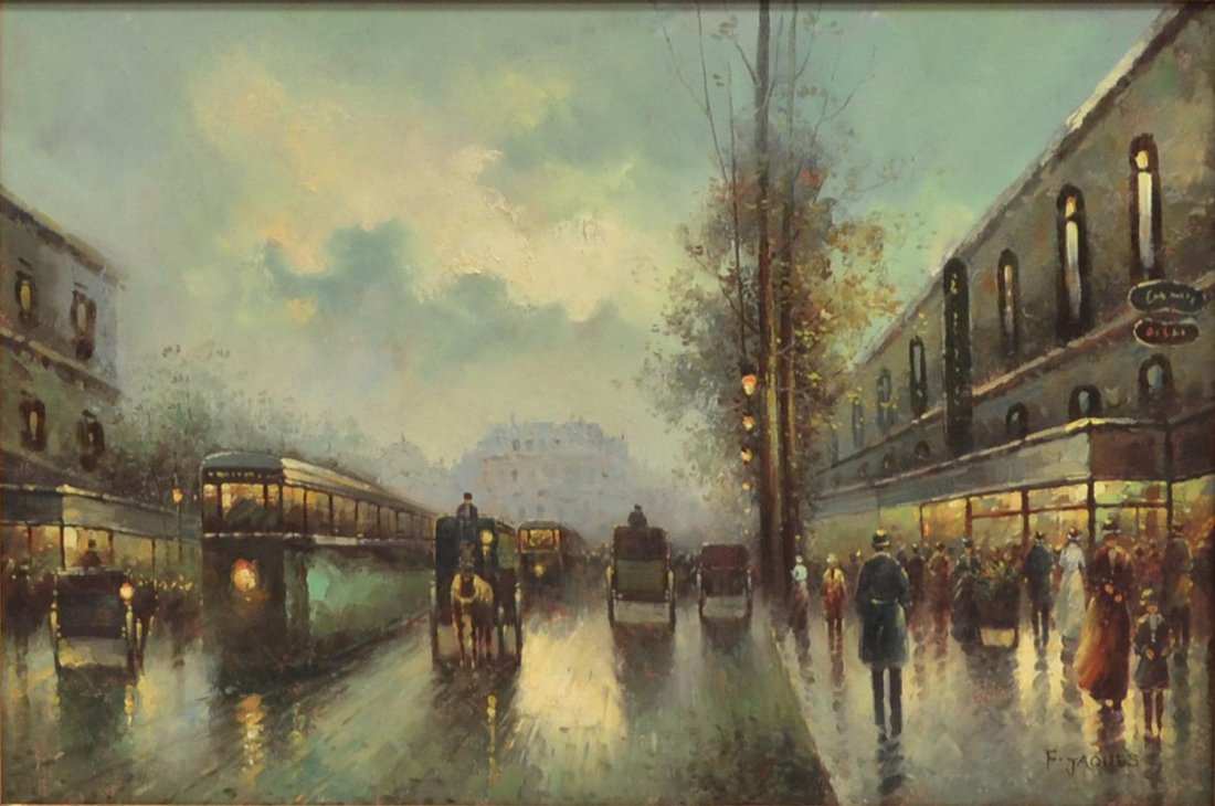 PAINTING, PARIS STREET SCENE, F. JAQUES: Framed oil painting on canvas, Paris Street Carriage and Bus, signed lower right F. Jaques, sight: 23.5"h, 35.5"w, overall: 31.25"h, 43.5"w, 10.25lbs Start Price: $200.00