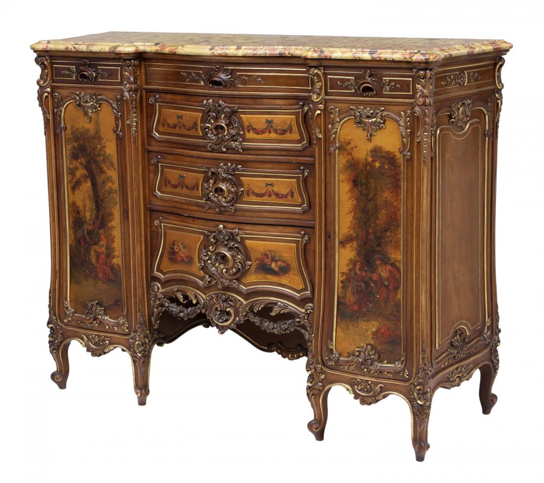 LOUIS XV STYLE MARBLE TOP VERNIS MARTIN SIDEBOARD: Louis XV style walnut sideboard decorated with gilt carved foliage and shells, early 20th c., a shaped marble top over two doors, painted in the Vernis Martin style, flanking four central drawers, sho