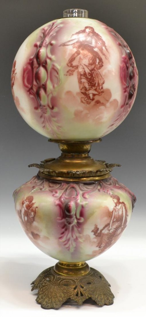 SUCCESS MOLDED CHERUB GONE WITH THE WIND LAMP: American Success gone with the wind lamp, early 20th c., images of a winged cherub and various draped classical beauties amid billowy clouds, reserved by molded detail on the glass shade and base, hig