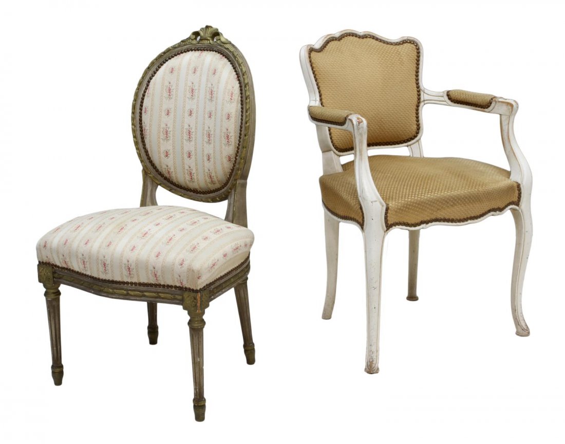 (2) FRENCH BOUDOIR CHAIRS, LOUIS XV & XVI: (lot of 2) French boudoir chairs: (1) Louis XV style arm chair, the frame in distressed white paint, brown on brown fabric, cabriole legs, 31.5"h, 21"w, 17"d; (1) Louis XVI style slipper chair, a carv