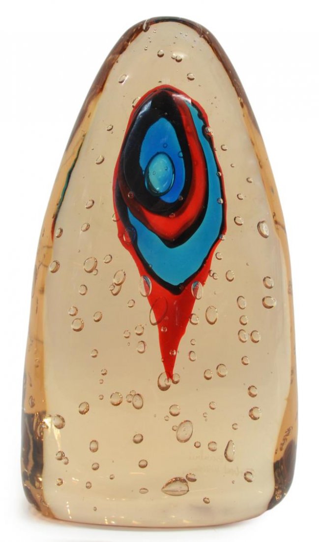 LARGE WILLSON & BARBINI ART GLASS SCULPTURE: Modern Murano art glass sculpture, by Robert W. Willson (Texan, 1912-2000) and Alfredo Barbini (Italian, b. 1912), central ring of blues and reds surrounded by suspended bubbles, signed, surface wear 
