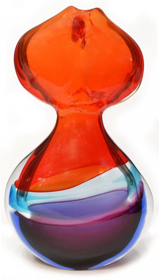 MURANO ART GLASS SCULPTURE, WILLSON & RAFFAELI: Large contemporary Murano art glass sculpture, by Robert Willson (Texan, 1912-2000) and Elio Raffaeli (Italian, b. 1936), red, aqua, blue, and purple tones, signed, natural wear to underside, 22.25"h,