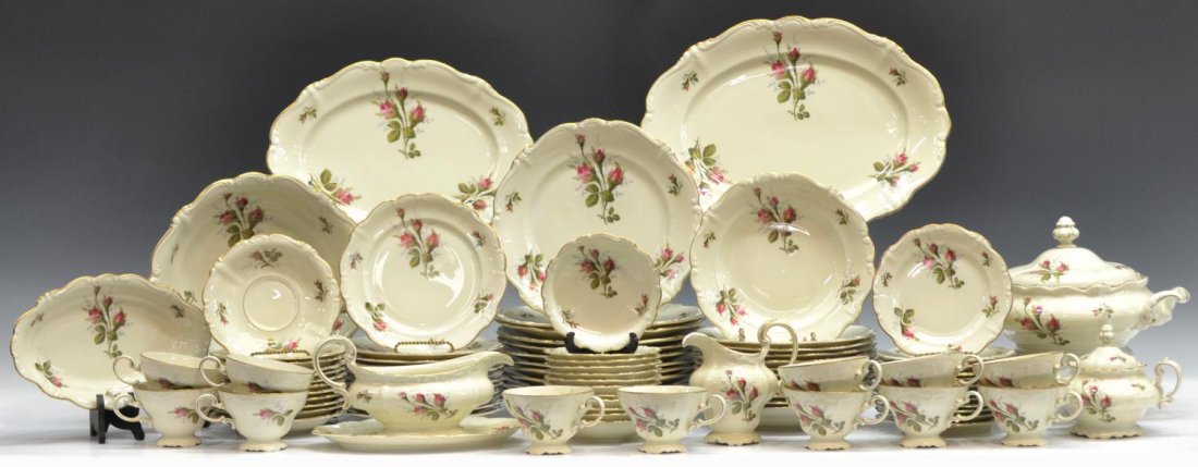 (92) ROSENTHAL MOSS ROSE PORCELAIN DINNER SERVICE: (set of 92) German porcelain dinner service for (12), plus extras, Rosenthal Selb Germany Pompadour, 'Moss Rose', comprising: (12) dinner plates, 10"diam; (12) salad plates, 7.75"diam; (12) bread and 