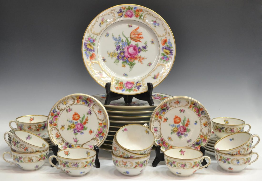 BAVARIAN DRESEN FLOWERS PORCELAIN DINNERWARE: (lot of 36) German porcelain dinnerware, an assembled group comprising variations of the 'Dresden Flowers' pattern, including: (11) P T Bavaria Tirschenreuth, dinner plates, 10.65"diam; (25 pcs) Schum