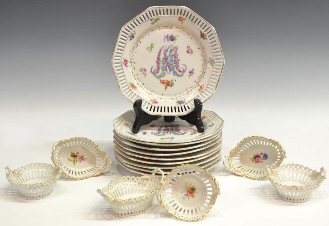 (16) KPM & BAVARIAN SERVICEWARE, DRESDEN FLOWERS: (lot of 16) Continental porcelain serviceware: (6) KPM porcelain reticulated baskets, each diminutive in size with foliated vine handles, gilt and floral detail, three of circular form, three oval, ea