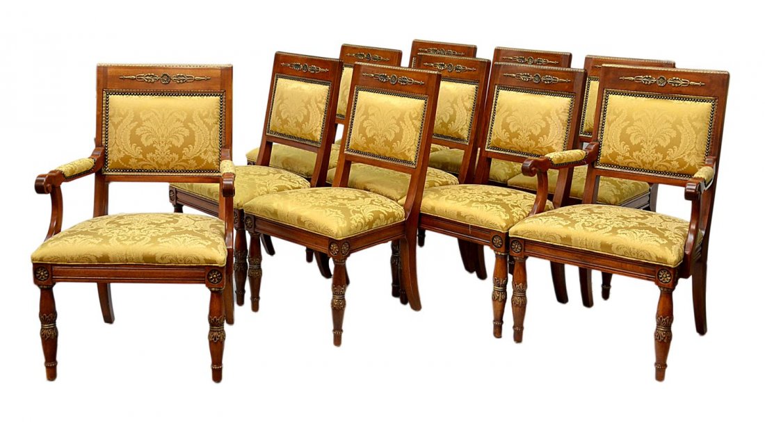 (10) HENREDON GRAND PROVENANCE DINING CHAIRS: (lot of 10) Henredon Grand Provenance dining chairs, each with gilt metal molding, foliate upholstery with contrasting upholstery at chair back, set on turned baluster legs, saber feet, (2) arm chairs