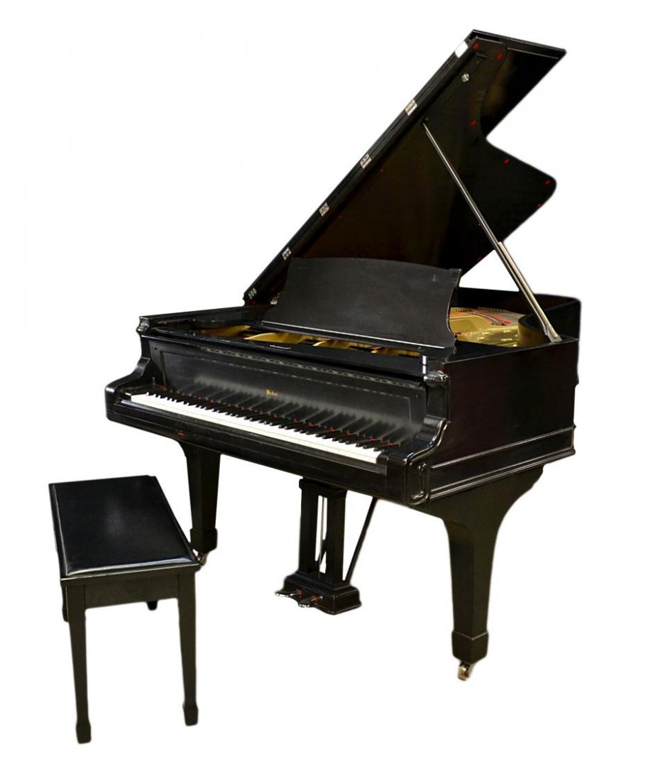 WEBER EBONY FINISH REFURBISHED GRAND PIANO & BENCH: (lot of 2) Weber ebony finish grand piano, refurbished in and out by Strait Music, Austin, Texas, SN 23720 (Mfg. 1880-1885), together with (1) black Yamaha bench, piano: 39.5"h, 56.5"w, 80"w, bench: 1
