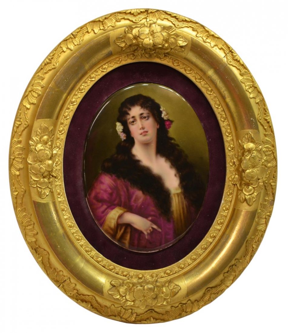 HUTCHENREUTHER PORCELAIN PORTRAIT PLAQUE, BEAUTY: Hutschenreuther porcelain plaque of oval form, Portrait of a Beauty, initialed middle right B., makers mark verso, set in a carved giltwood frame, plaque: 7.75"h, 5.75"w, overall: 14.25"h, 12.25"w, 1.