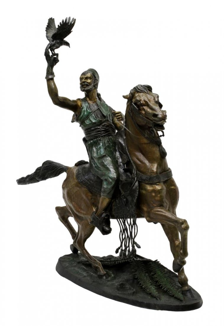 LARGE BRONZE AFTER P.J. MENE, ARAB FALCONER, 63"H: Patinated bronze sculpture, "The Arab Falconer" after a work by Pierre Jules Mene (French, 1810-1879), the original sculptured in 1875, 63"h, 39"w, 18"d **Provenance: "Mesquite Charlie's" restaurant, 