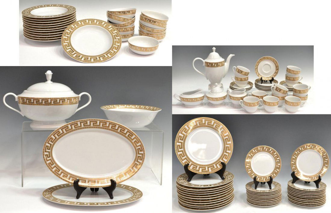 (92) FALKEN PORZELLAN 24KT GREEK KEY DINNER SET: (set of 92) German porcelain dinner service for (12), Falken Porzellan, Bavaria, Greek Key borders traced in 24kt gold on a stark white ground, comprising: (12) dinner plates, 10.5"diam; (12) salad pl
