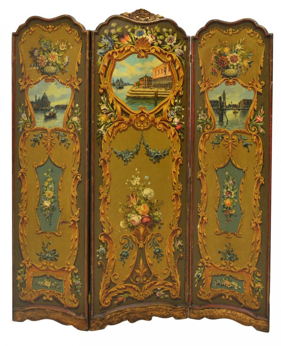 LOUIS XV STYLE PAINTED VENICE SCENES SCREEN: Louis XV style three part dressing screen, early 20th c., each canvas panel with a painted polychrome scene of Venice, foliage and florals, cracklure, two side panels: 19.25"w, the central panel: 24.2